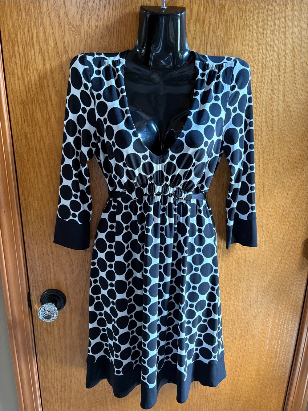 INC Black and White Polka Dot V-Neck Dress